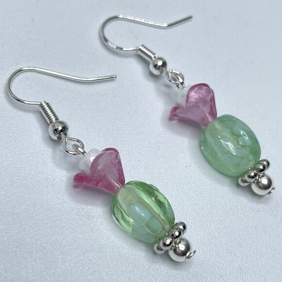 Artisan Boho Pink Green Flower Beaded Silver Tone Dangle Earrings Cute - Picture 2 of 6
